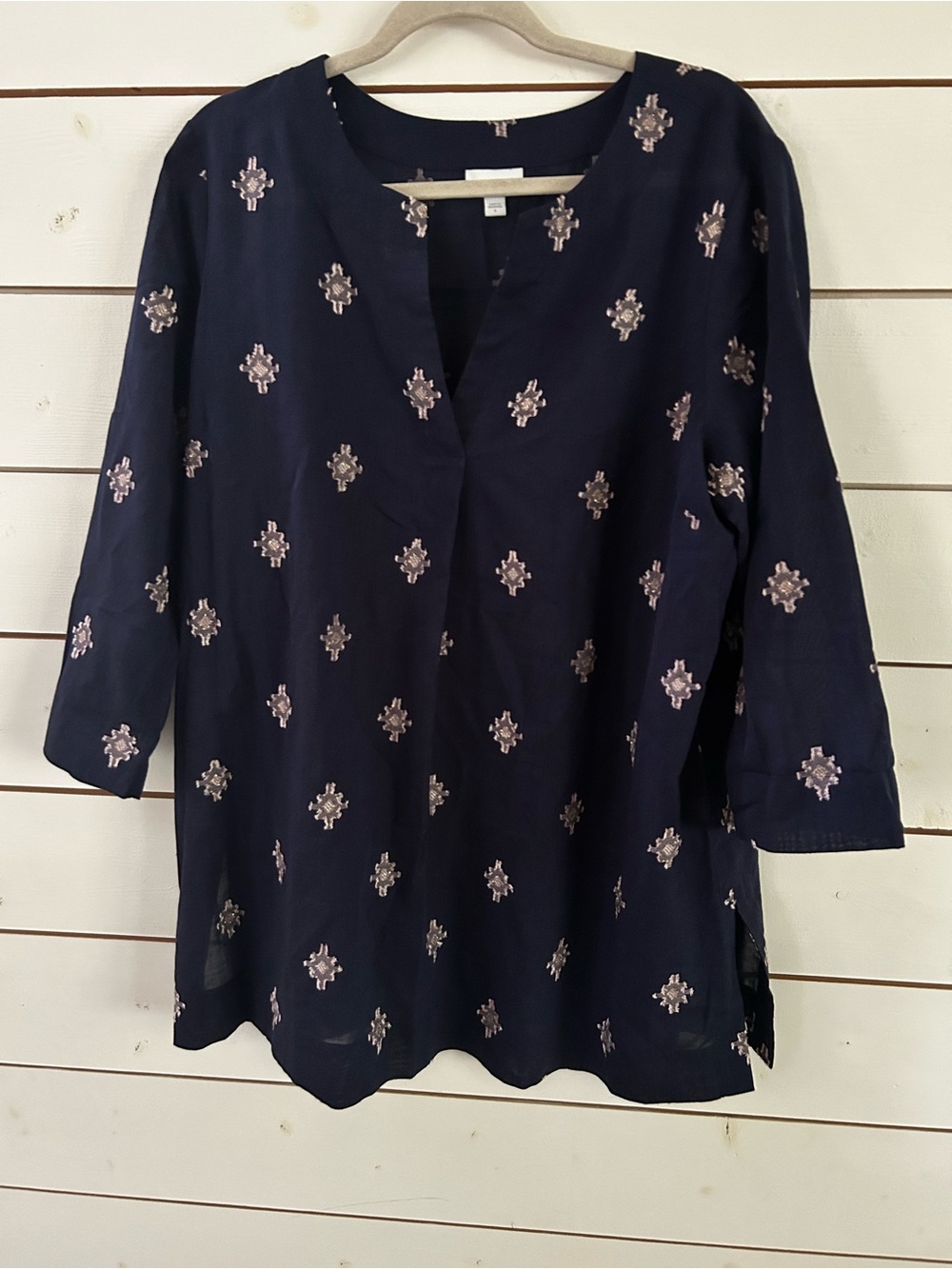 Pure Jill Navy Blue Embroidered Tunic Top Women’s Size Large
